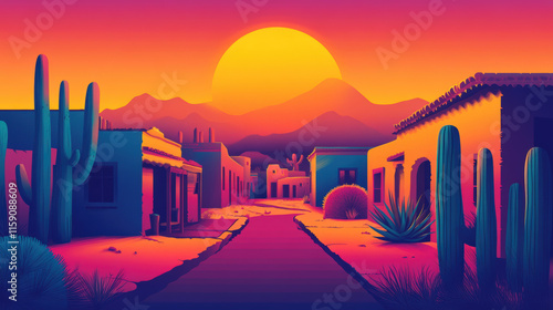 Desert Houses and Cactus in Bold Sunset Colors photo