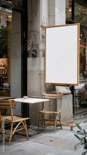 Blank outdoor poster frame mockup template on cafe wall for your advertisement purpose photo