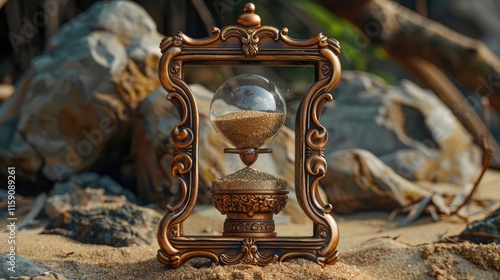 A charming sand frame design with a traditional, wooden construction and a decorative, copper-plated decoration