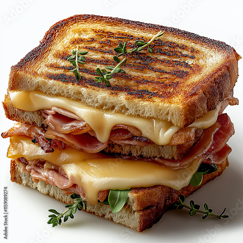 Delicious toasted ham and cheese sandwich garnished with thyme