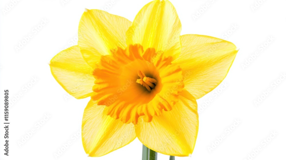 A close-up of a bright yellow daffodil with its trumpet-shaped corona and smooth petals, isolated white background, minimalistic art style A close-up of a bright yellow daffodil with its trumpet-shaped corona and smooth petals, isolated white background, minimalistic art style