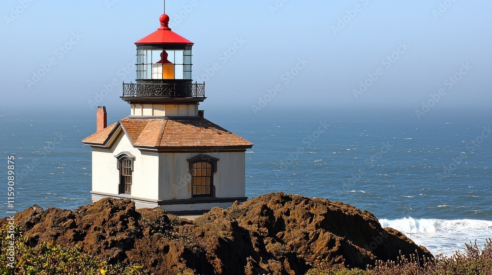 Scenic lighthouse on rocky coast with ocean backdrop. Scenic lighthouse on rocky coast with ocean backdrop.