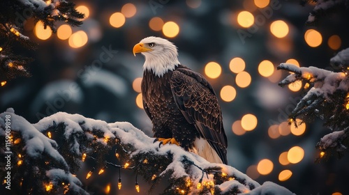 A majestic bald eagle perched on a snow-covered tree branch, with a backdrop of Christmas lights twinkling in the distance.