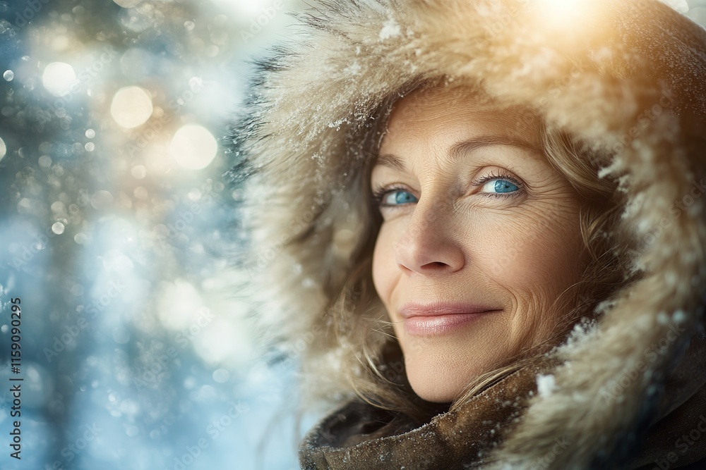 Warm smile of woman amidst falling snowflakes, cozy fur hood enh Warm smile of woman amidst falling snowflakes, cozy fur hood enh