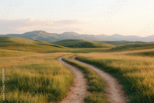 Winding dirt road through grassy hills at sunset