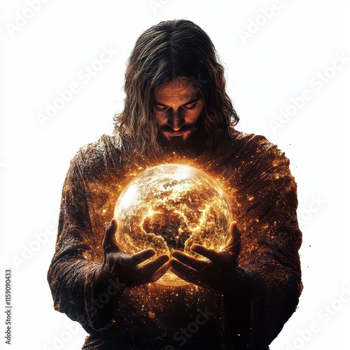 Jesus holding the world in his glowing hands, abstract divine light concept, spiritual Christian art, isolated on white background
