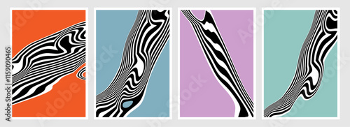 Set of liquify banner designs with wavy contrast stripes and optical interference effect