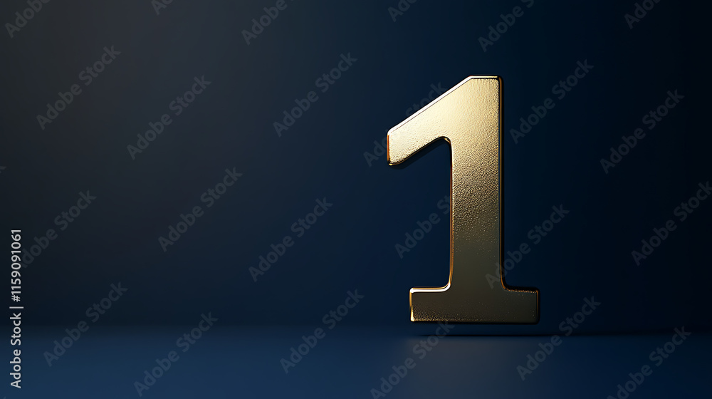 numeral 1 with a glossy metallic gold texture, floating against a gradient background of deep navy blue and black numeral 1 with a glossy metallic gold texture, floating against a gradient background of deep navy blue and black