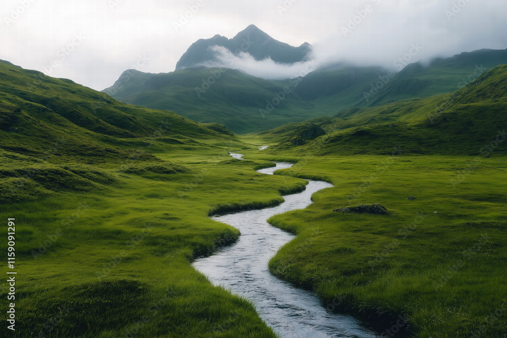 Winding River Through Green Hills and Misty Mountains Winding River Through Green Hills and Misty Mountains
