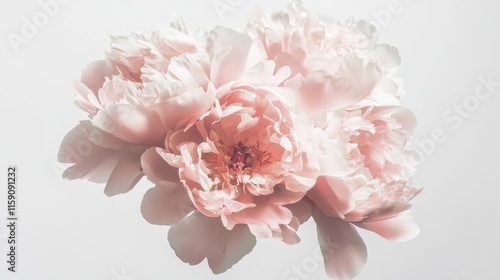 Fototapeta Naklejka Na Ścianę i Meble -  A close-up of a bunch of pink peonies in soft light, isolated white background, minimalistic art style