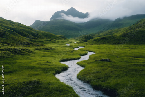 Winding River Through Green Hills and Misty Mountains