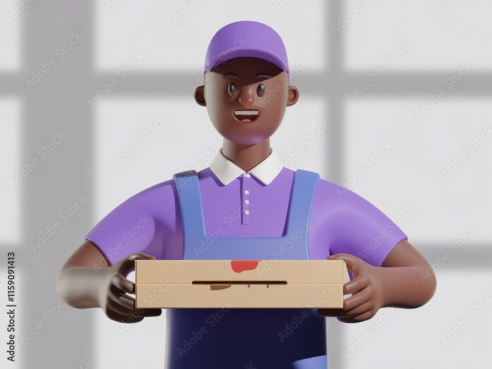3D Delivery Person Holding Pizza Box with Smiling Expression Against Light Background 3D Delivery Person Holding Pizza Box with Smiling Expression Against Light Background