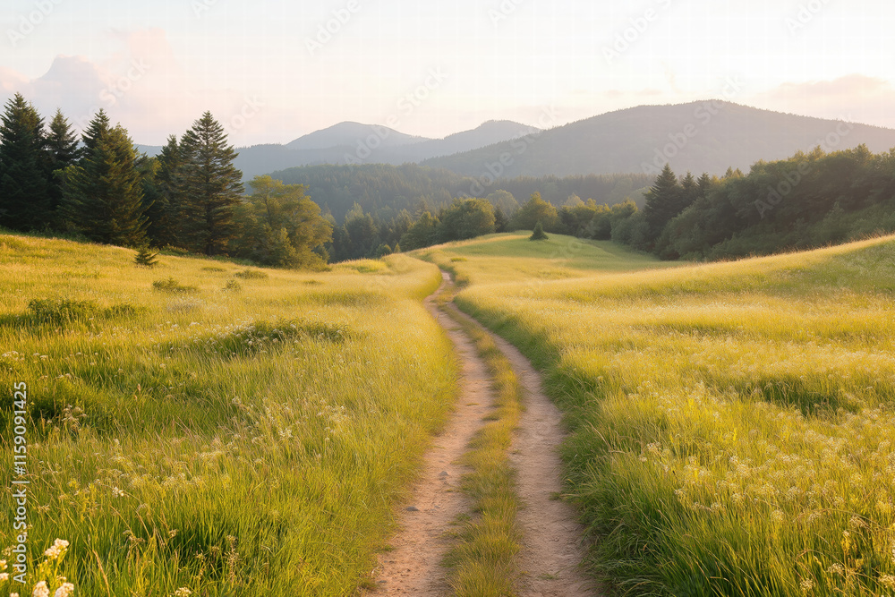Obraz premium Winding dirt path through a golden meadow with distant mountains