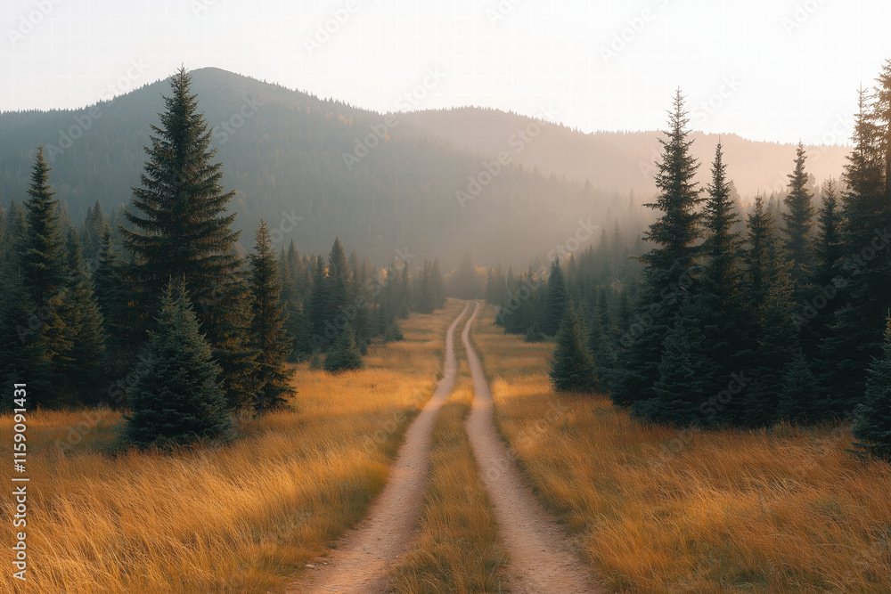Dirt Road Through Golden Meadow and Forest at Dawn Dirt Road Through Golden Meadow and Forest at Dawn