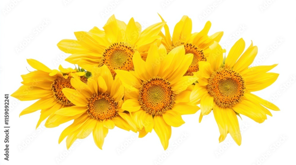 A close-up of a bunch of yellow sunflower blooms with golden petals, isolated white background, impressionistic art style A close-up of a bunch of yellow sunflower blooms with golden petals, isolated white background, impressionistic art style