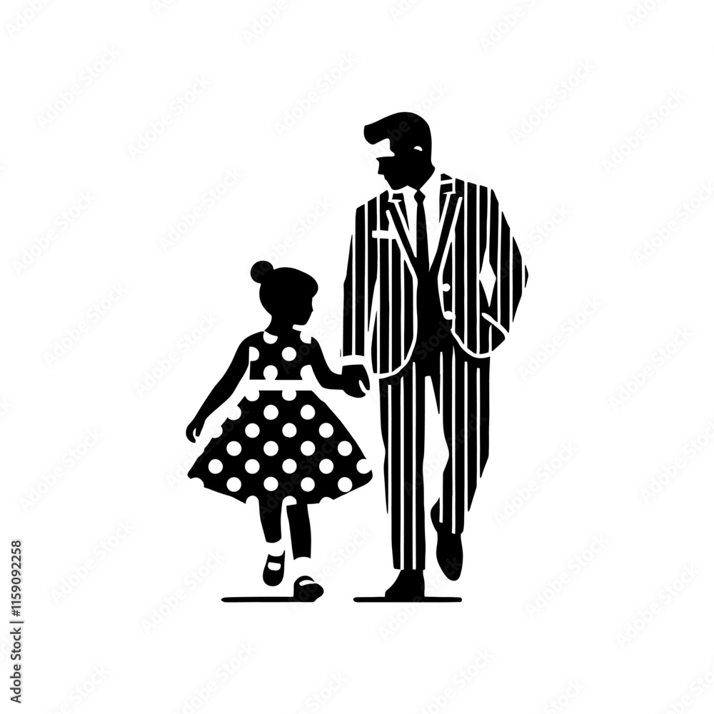 A minimal illustration of a man with a boy in a polka-dotted dress in a black and white color block style. A minimal illustration of a man with a boy in a polka-dotted dress in a black and white color block style.
