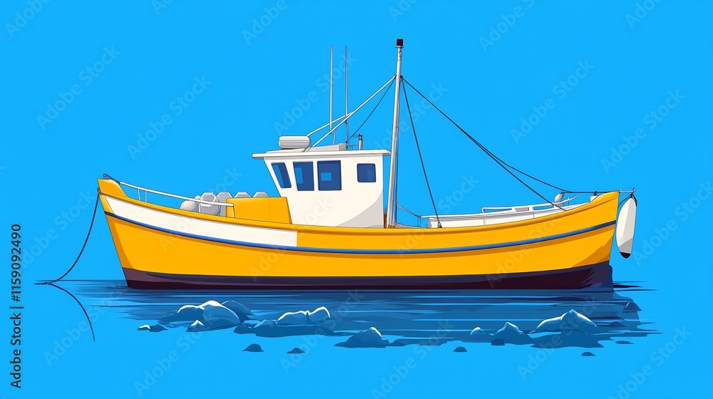 Vibrant Yellow Fishing Boat Illustration: Calmly Docked on a Blue Sea. AI Generated Vibrant Yellow Fishing Boat Illustration: Calmly Docked on a Blue Sea. AI Generated