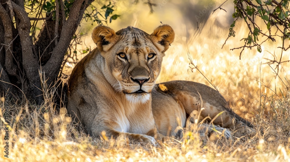 Fototapeta premium Female lion resting under tree in savanna.