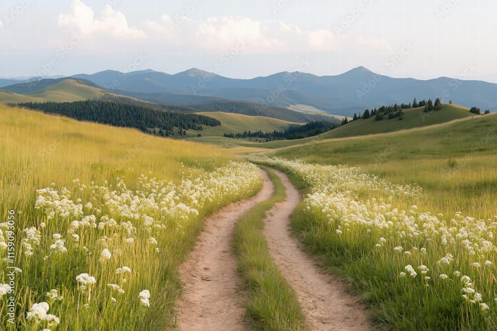 Winding dirt road through a grassy field with white flowers leading to distant mountains Winding dirt road through a grassy field with white flowers leading to distant mountains