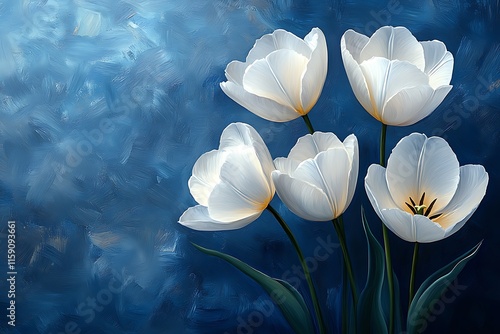White Tulips Against a Deep Blue Painted Background