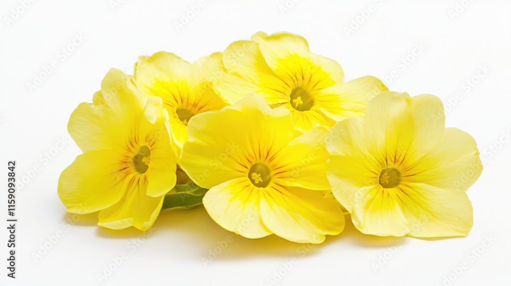 Obraz premium A close-up of a cluster of yellow primrose flowers with delicate veins, isolated white background, modern art style