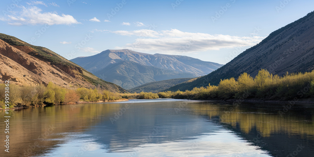 Serene River Landscape Mountain Reflections Calm Waters Spring Trees