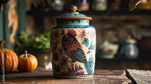 A charming salt box design with a vintage-inspired, ceramic body and a colorful, hand-painted design