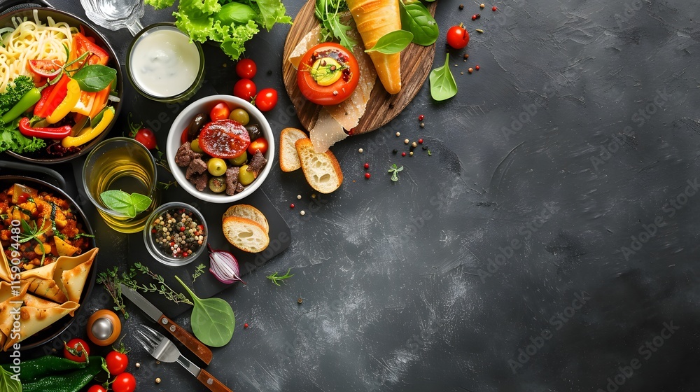 Colorful Healthy Meal Spread with Fresh Ingredients and Dishes Colorful Healthy Meal Spread with Fresh Ingredients and Dishes
