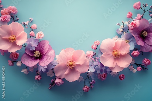 Delicate Pink and Purple Flowers Arranged in a Curve