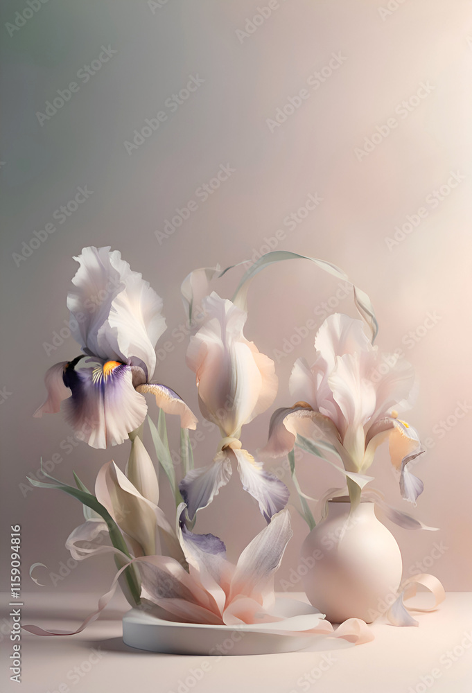 stunning fineart background with pale dust pink irises and design elements. 3D render digital artwork. Ai generated stunning fineart background with pale dust pink irises and design elements. 3D render digital artwork. Ai generated
