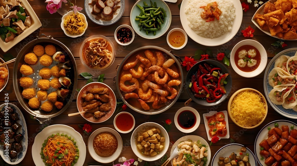 Colorful Spread of Asian Cuisine with Various Dishes and Ingredients Colorful Spread of Asian Cuisine with Various Dishes and Ingredients