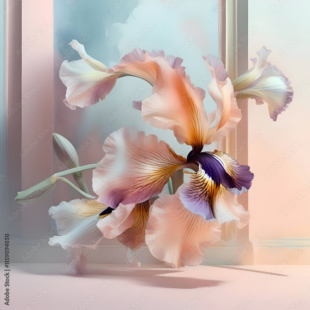 stunning fineart background with peach-pink irises and design elements. 3D render digital artwork. Ai generated