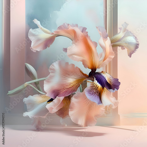 Obraz na płótnie stunning fineart background with peach-pink irises and design elements. 3D render digital artwork. Ai generated w salonie