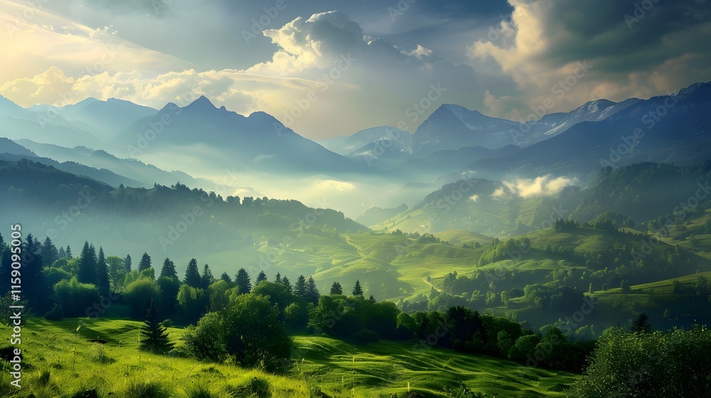 Obraz premium Serene Mountain Landscape with Lush Green Valleys and Clouds