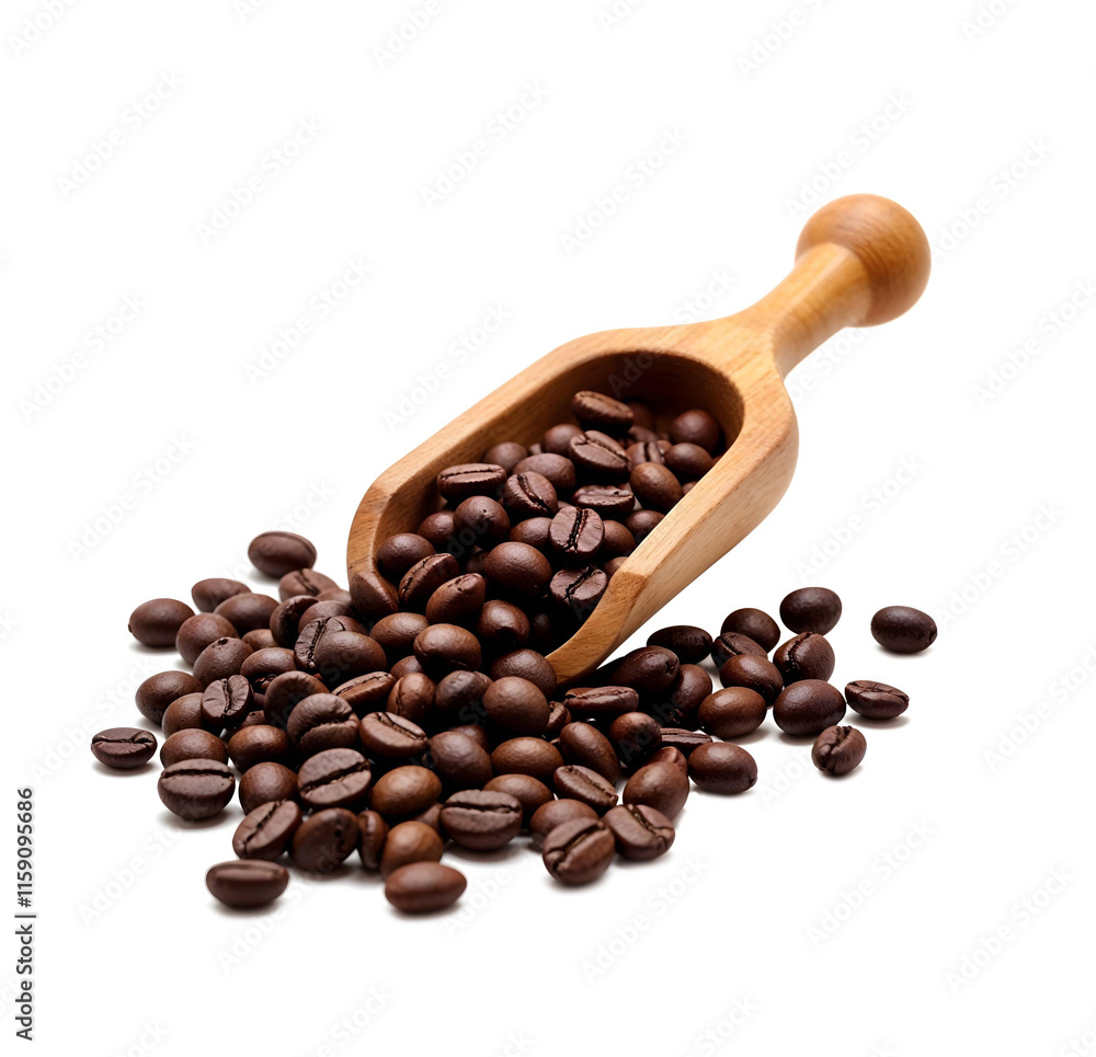Obraz premium coffee beans in wooden scoop isolated on transparent background