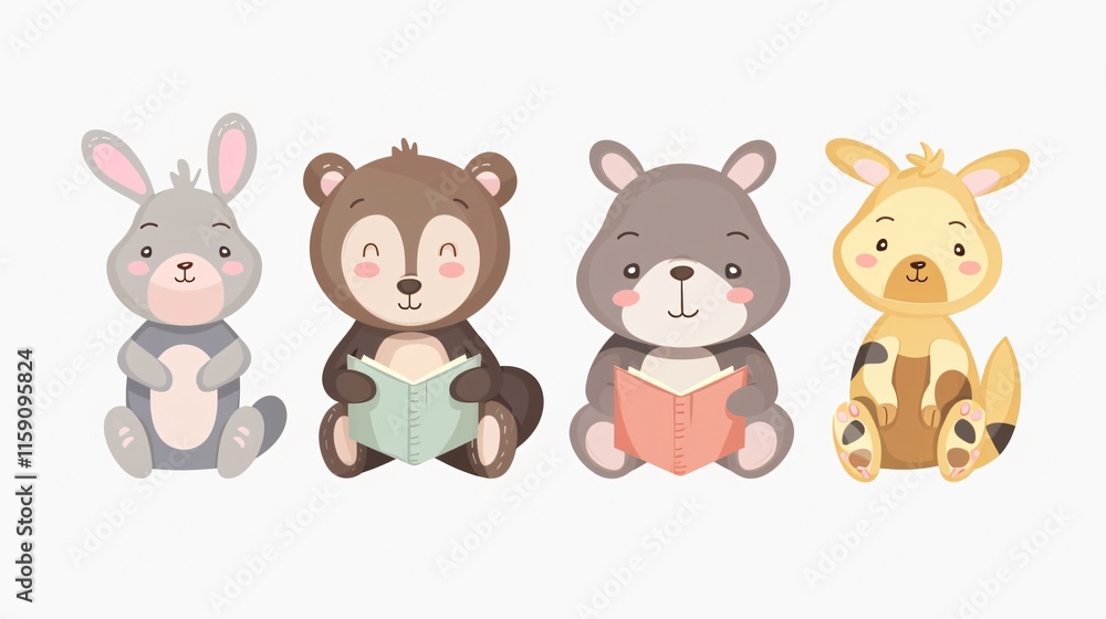 Adorable Baby Animal Reading Book with Animal Bundle in Flat Vector Adorable Baby Animal Reading Book with Animal Bundle in Flat Vector
