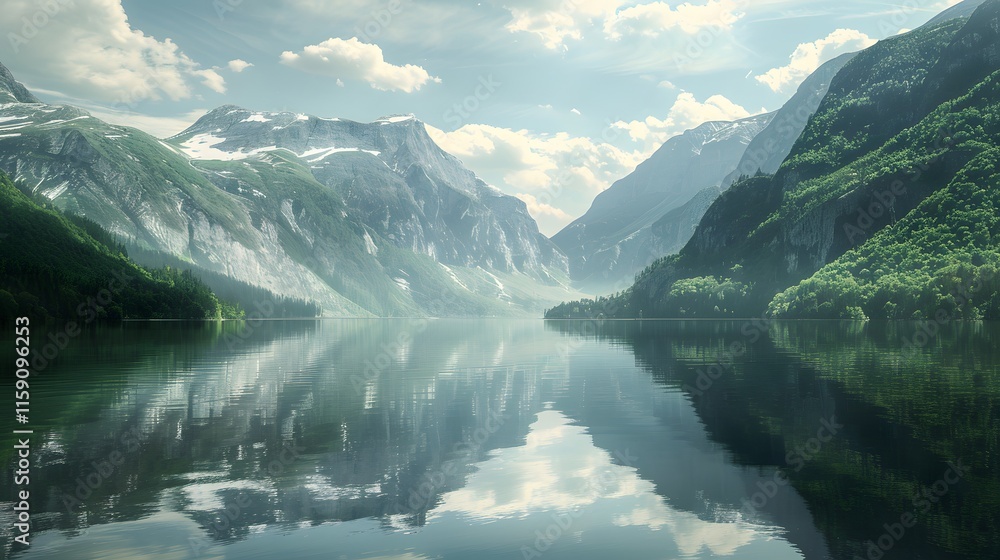 Fototapeta premium Serene Mountain Lake Reflected in Calm Waters Under Soft Clouds