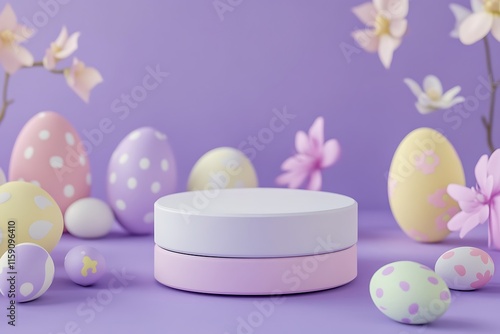 A minimalist Easter podium with pastel-colored eggs on a purple background photo