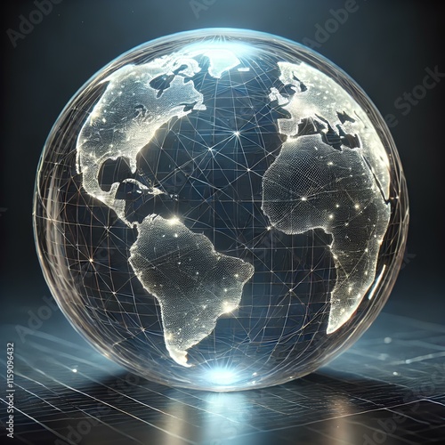 Fototapeta Naklejka Na Ścianę i Meble -  A wireframe image of the planet Earth, enclosed in a transparent glass ball. Generative AI. The earth is depicted using intricate wireframe grids.