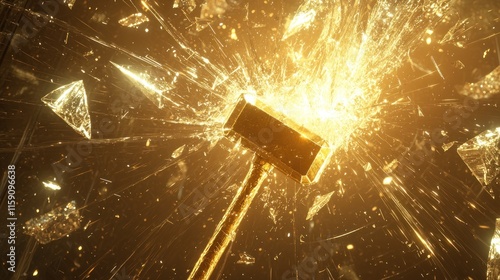 Golden sledgehammer smashing glass, sparks and debris.