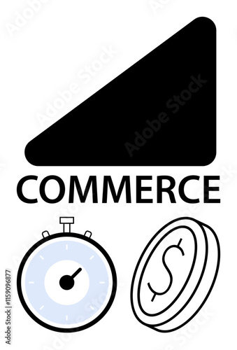 Black triangle clock coin and bold text COMMERCE. Ideal for business, economy, finance, trade, time management, investment, and growth. Line metaphor