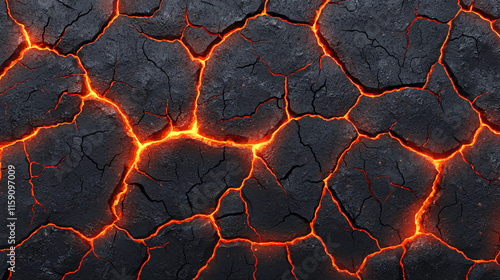 A textured surface featuring dark cracks illuminated by glowing orange lava, representing volcanic activity and geological processes.