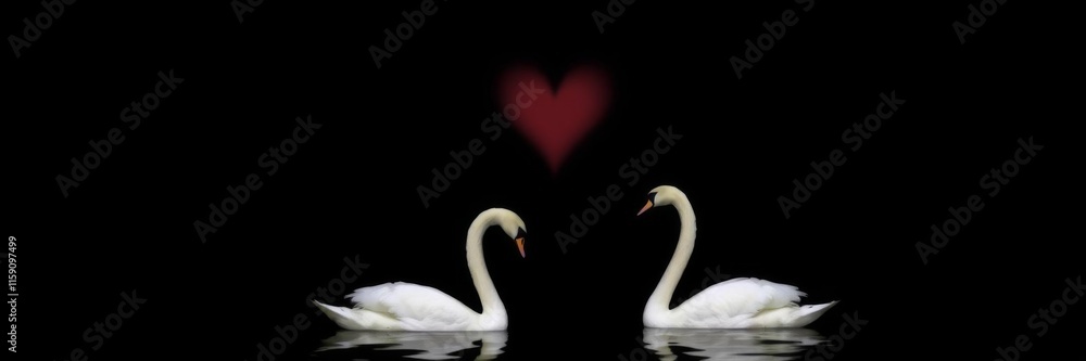 Fototapeta premium Two white swans forming heart shape with necks against black and blue background, nature, love, elegance