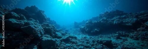 Wallpaper Mural Underwater landscape with glowing corals and stones illuminated by the sun's rays filtering through the water, creating a neon glow on the sea floor, sunlight, neon glow, stones Torontodigital.ca