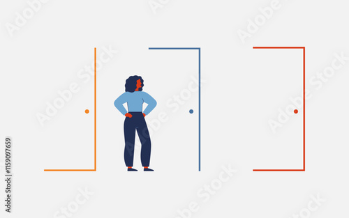 Woman choosing the right door. Female choice in business and career. Confident african american girl thinking about lifeway. Vector illustration