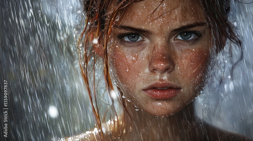 Fototapeta premium Close-up portrait of a young woman with freckles and red hair, drenched in rain.