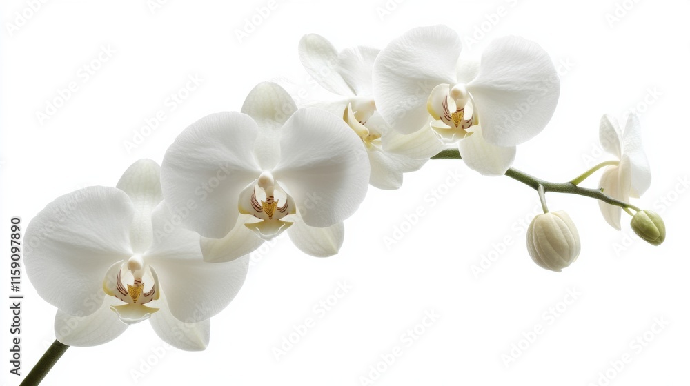 Obraz premium A close-up of a white orchid with its intricate, exotic petals and slender stem, isolated white background