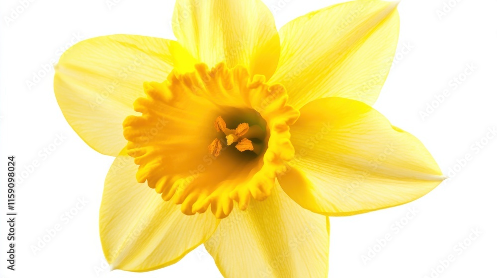 A close-up of a yellow daffodil with its trumpet-shaped corona and smooth petals, isolated white background, minimalist art style A close-up of a yellow daffodil with its trumpet-shaped corona and smooth petals, isolated white background, minimalist art style