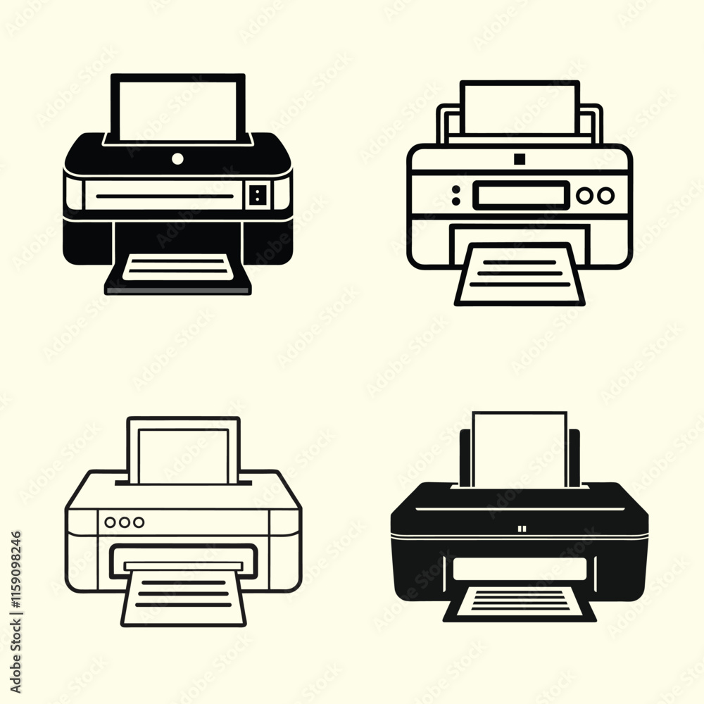 printer silhouette and line art vector set design illustration printer silhouette and line art vector set design illustration