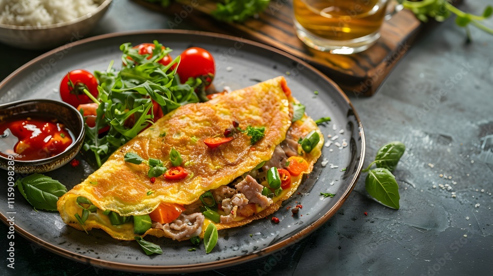 Delicious Omelette with Fresh Vegetables and Herbs on a Plate